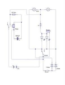 Complete circuit diagram of a hazard light LED flasher circuit using a 12V relay, 6800uF capacitor, buzzer, and diodes without any IC.